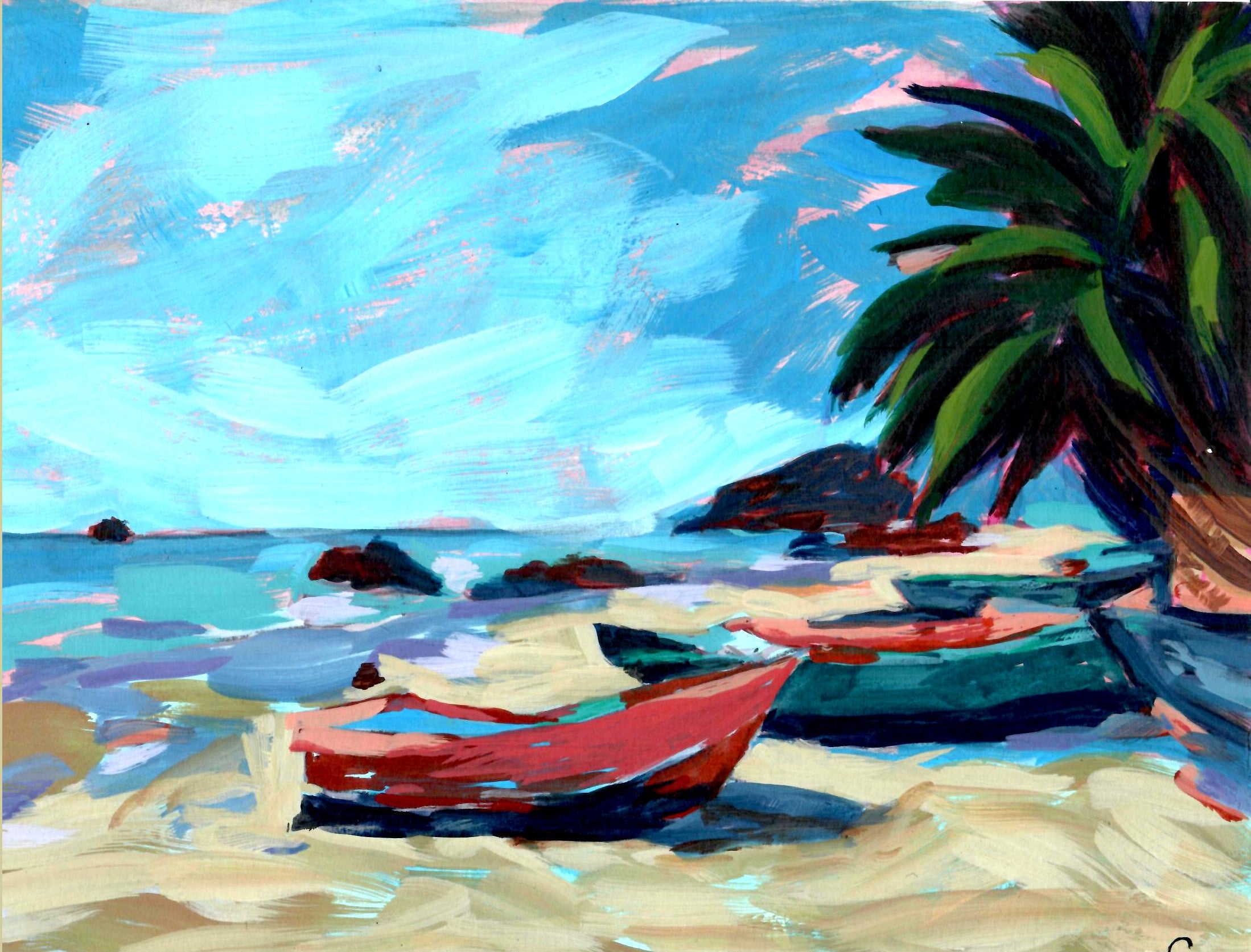 An abstract painting featuring textured brushstrokes of light blue, cream, dark green, red, and black, with a leafy green form in the upper left corner.